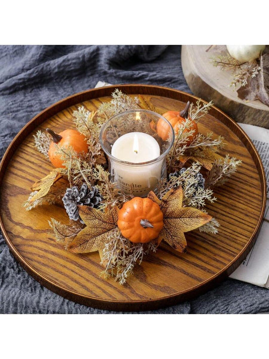Christmas Candle Ring Holder with Red Flowers, Gold Berries & Greenery, Holiday Table Centerpiece