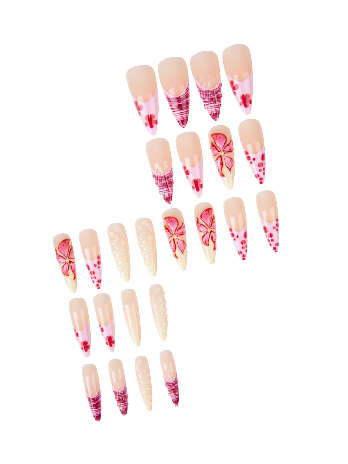 24pcs Long Stiletto French Press On Nails, White Red Cherry Pattern With 3D Bow And Pearl Decor, Romantic Bling Nail Set For Party Look