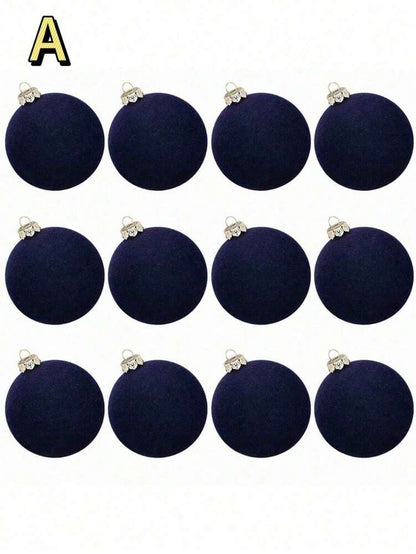 12pcs Velvet Flocked Christmas Decoration Balls, Drop-Proof Plastic Ornaments, Elegant Tree Baubles for Parties, Birthdays, or Holiday Photoshoots