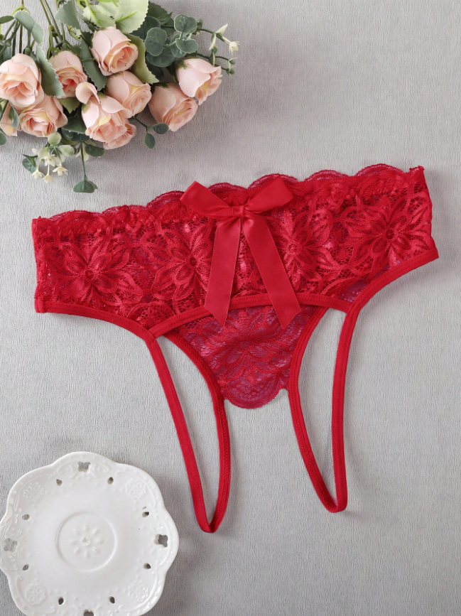 Sexy Backside Open Bowknot Lace Patchwork Panties Bowknot For Going Out