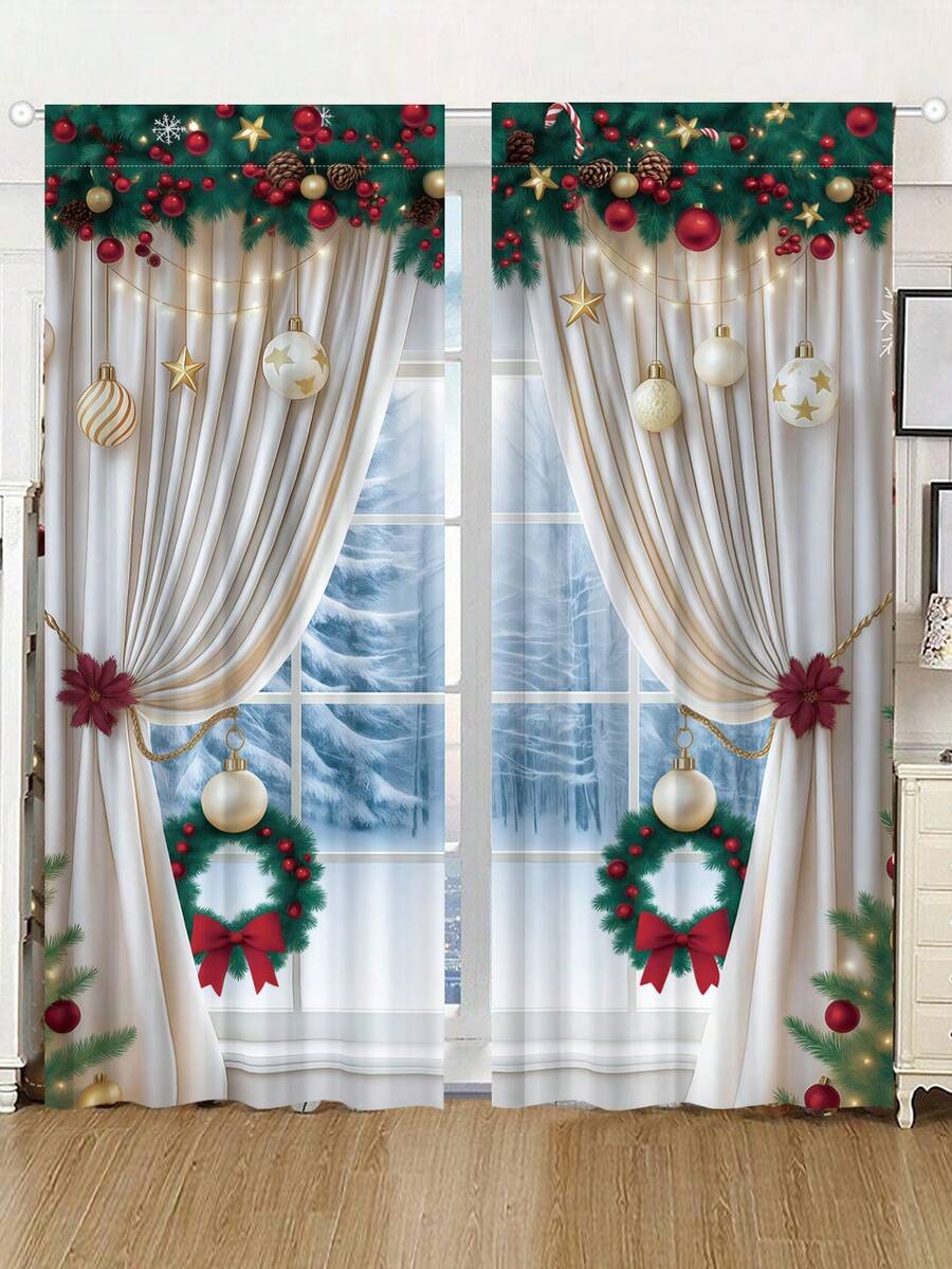 2-Piece Christmas Reindeer and Tree Blackout Curtain Set, Holiday Window Panels for Home Living Room or Bedroom Decor