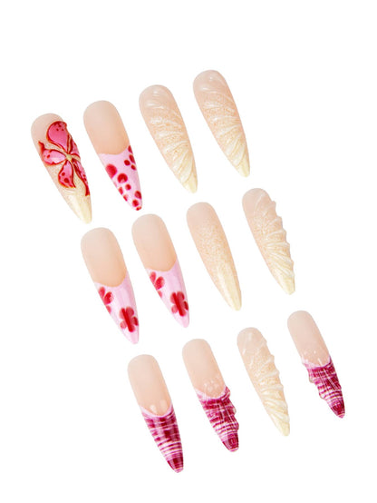 24pcs Long Stiletto French Press On Nails, White Red Cherry Pattern With 3D Bow And Pearl Decor, Romantic Bling Nail Set For Party Look
