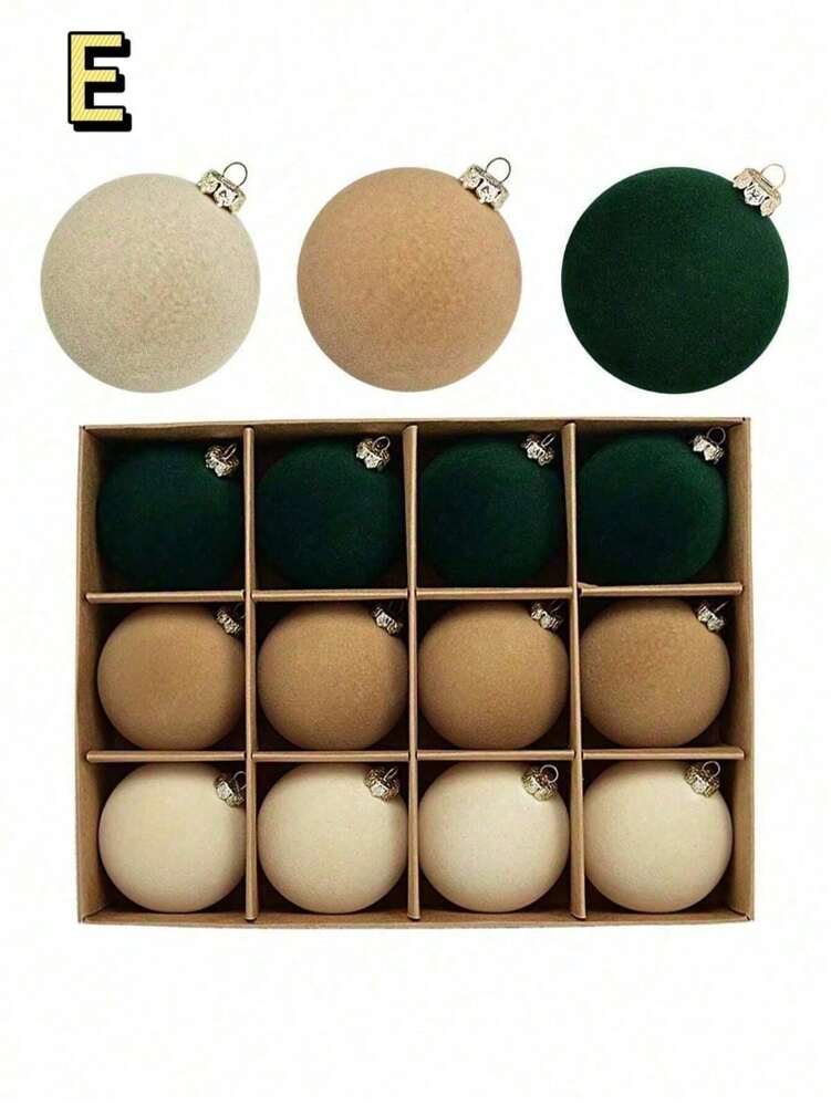 12pcs Velvet Flocked Christmas Decoration Balls, Drop-Proof Plastic Ornaments, Elegant Tree Baubles for Parties, Birthdays, or Holiday Photoshoots