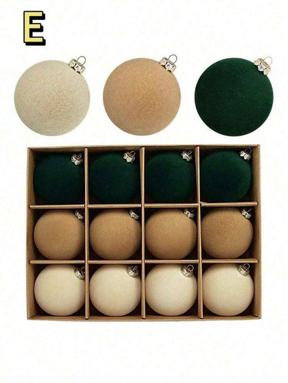 12pcs Velvet Flocked Christmas Decoration Balls, Drop-Proof Plastic Ornaments, Elegant Tree Baubles for Parties, Birthdays, or Holiday Photoshoots