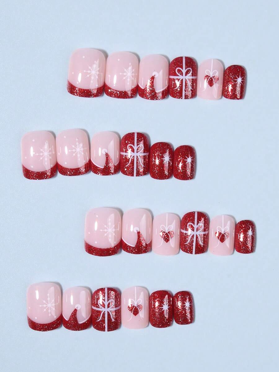 24pcs Christmas Press-On Nails, Short Square Snowman Design with Glitter French Tips, Acrylic False Nail Set with Jelly Glue & File for Holiday Wear