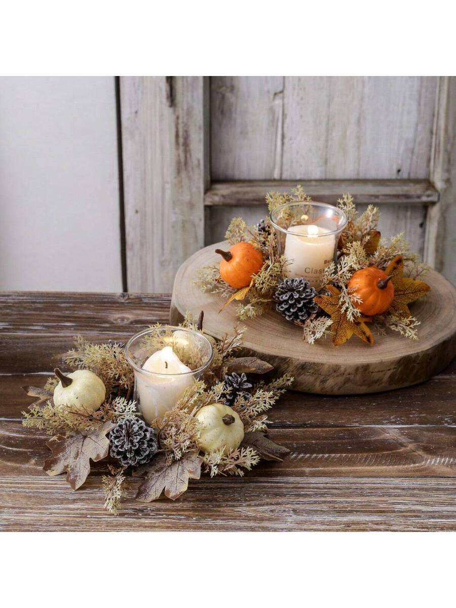 Christmas Candle Ring Holder with Red Flowers, Gold Berries & Greenery, Holiday Table Centerpiece