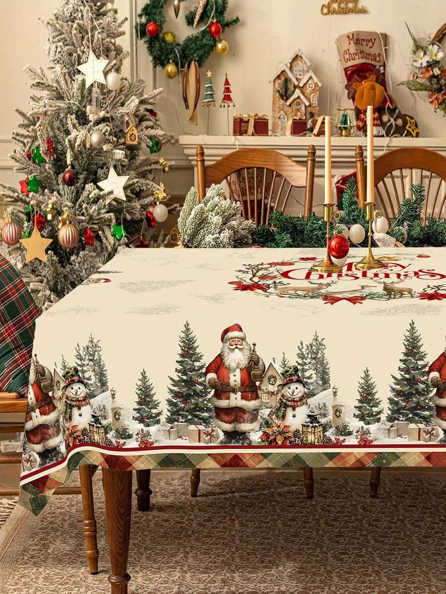 Festive Christmas Tablecloth with Snowman & Reindeer Wreath Design, Polyester Winter Table Cover for Dining Room & Kitchen Holiday Decor