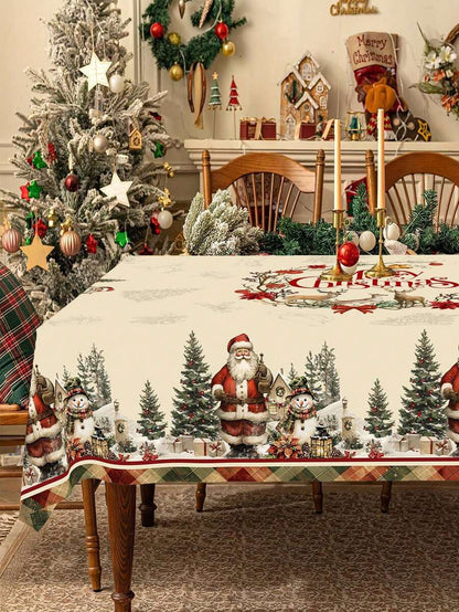 Festive Christmas Tablecloth with Snowman & Reindeer Wreath Design, Polyester Winter Table Cover for Dining Room & Kitchen Holiday Decor