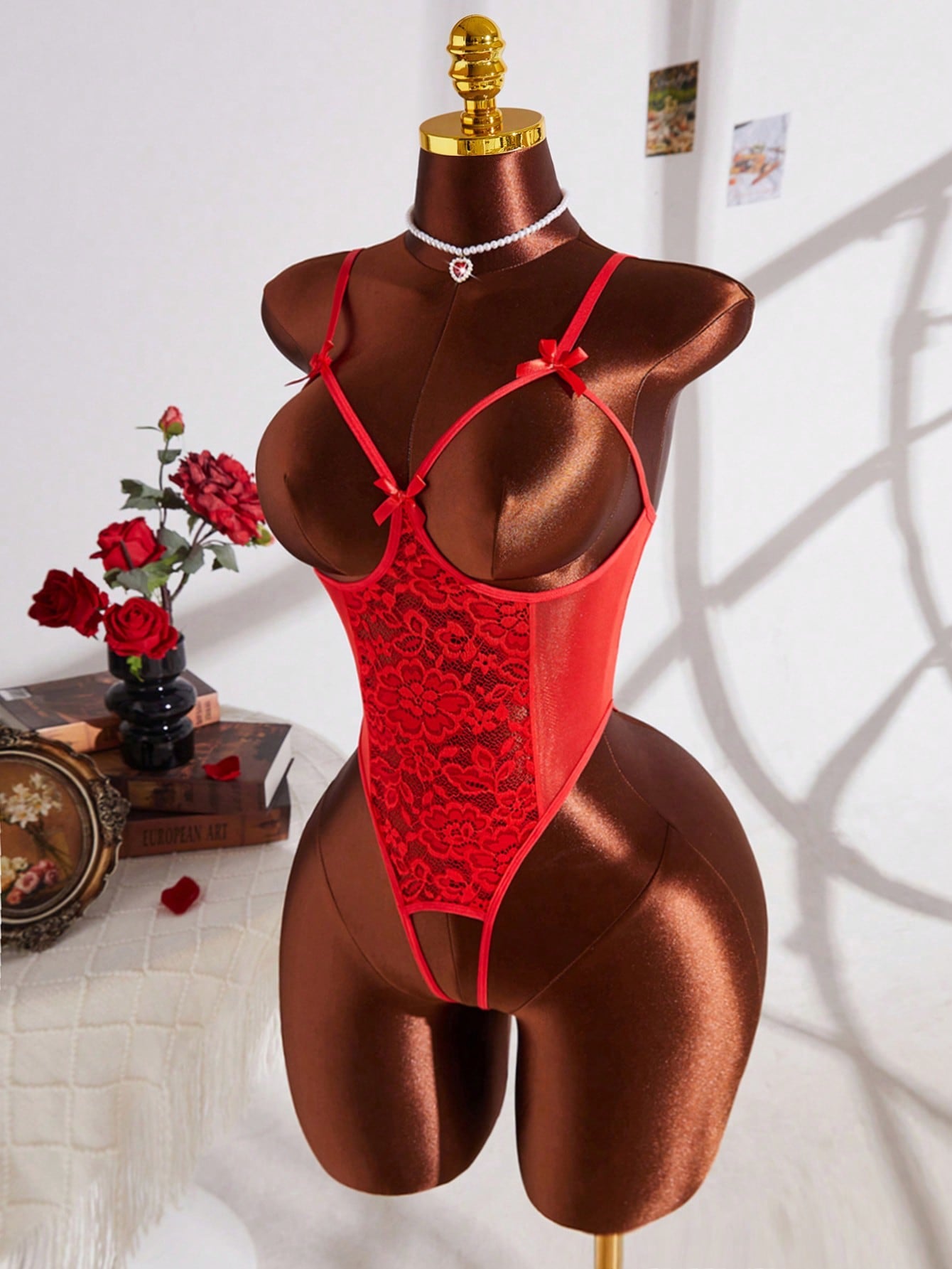 New Solid Lace Sexy Lingerie For Women With Exposed The Chest, Bow Trim With Adjustable Straps, Chest Buckle And Open Crotch Pants Design, Women's Erotic Bodysuit