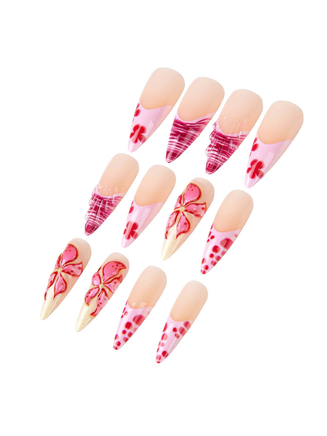 24pcs Long Stiletto French Press On Nails, White Red Cherry Pattern With 3D Bow And Pearl Decor, Romantic Bling Nail Set For Party Look