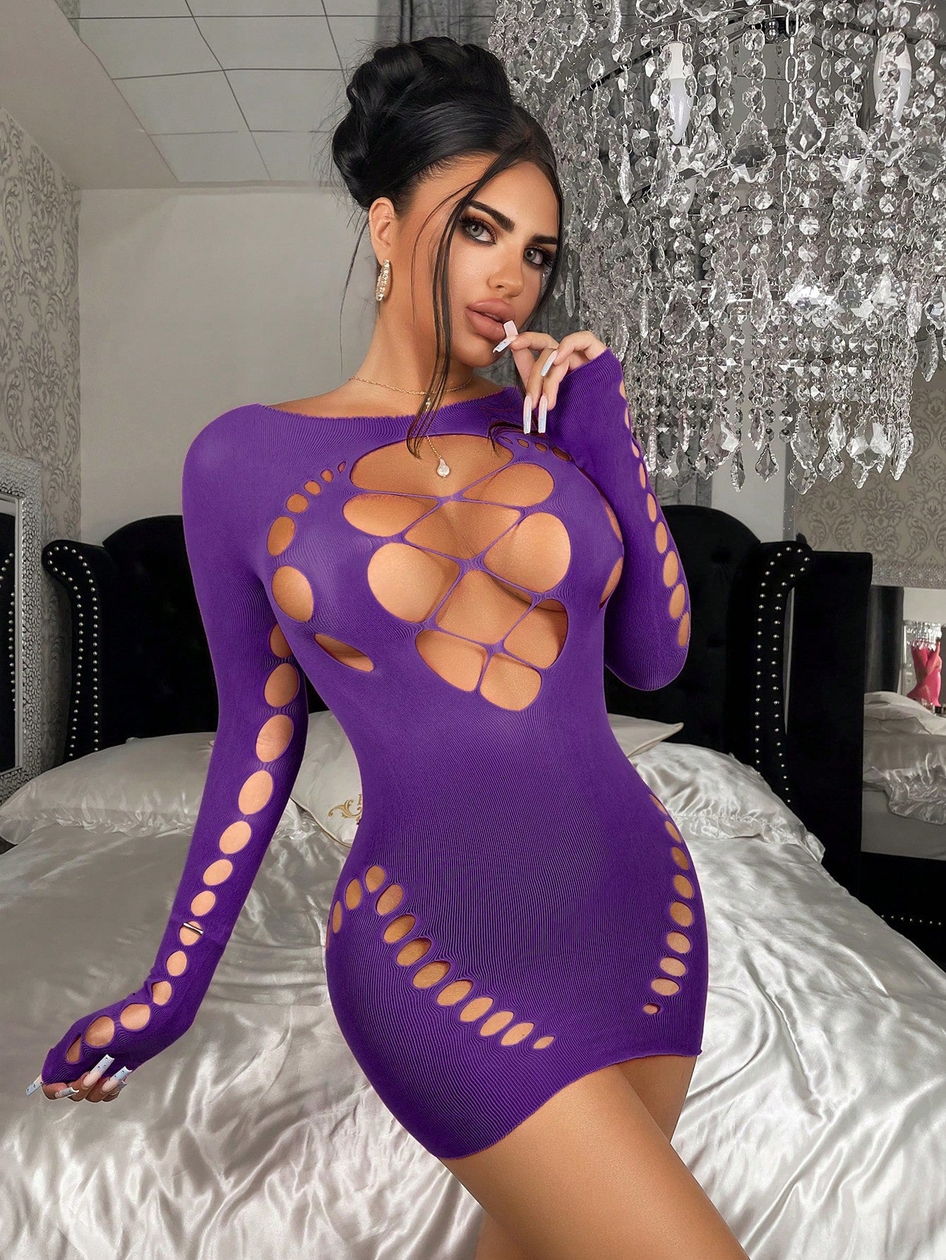 1pc Women's Sexy Fuchsia Bodycon Semi-Sheer Fishnet Dress, Suitable For Party, Nightclub, Beach