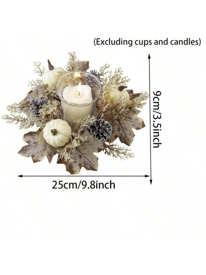 Christmas Candle Ring Holder with Red Flowers, Gold Berries & Greenery, Holiday Table Centerpiece