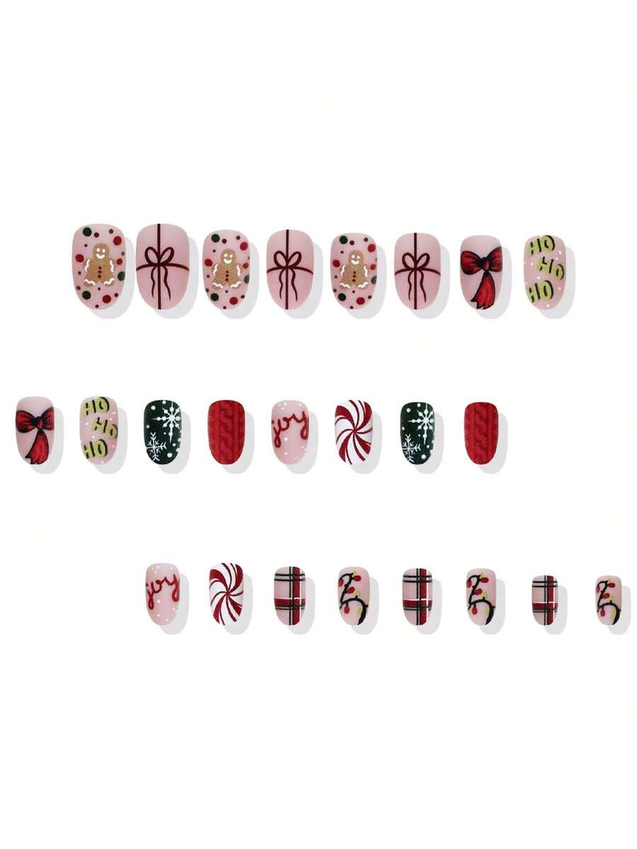 24pcs Almond Christmas Press On Nails, Red Santa Hat Short False Nails, Holiday Nail Set For Women, Office, Date, Party & Everyday Wear