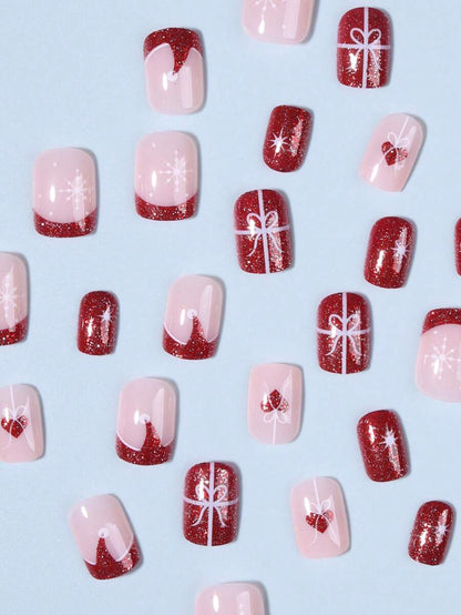24pcs Christmas Press-On Nails, Short Square Snowman Design with Glitter French Tips, Acrylic False Nail Set with Jelly Glue & File for Holiday Wear