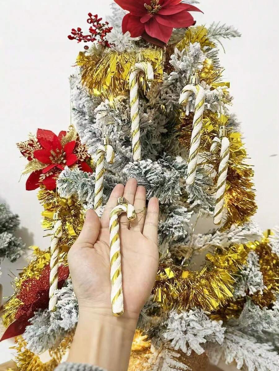 12pcs Pink Glitter Candy Cane Christmas Ornaments, 5.5" Plastic Hanging Decorations for Christmas Trees & Holiday Displays