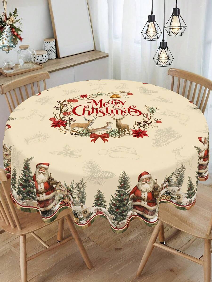 Festive Christmas Tablecloth with Snowman & Reindeer Wreath Design, Polyester Winter Table Cover for Dining Room & Kitchen Holiday Decor