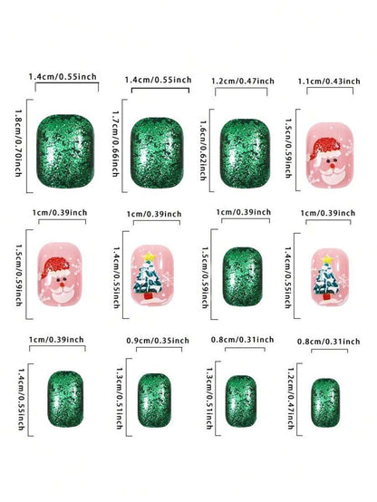 24pcs Red Glitter Christmas Press On Nails, Short Square Bling False Nails With Cute Elk Grid Design, Festive Nail Set Gift For Women Party Wear