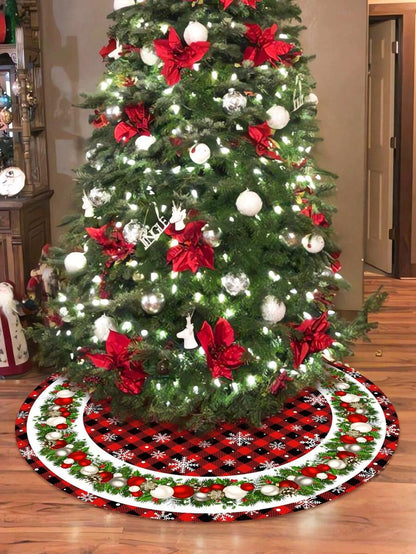 Red & Black Plaid Christmas Tree Skirt, Snowflake Pattern Round Tree Mat, Soft Decorative Base Cover for Living Room & Winter Holiday Home Decor