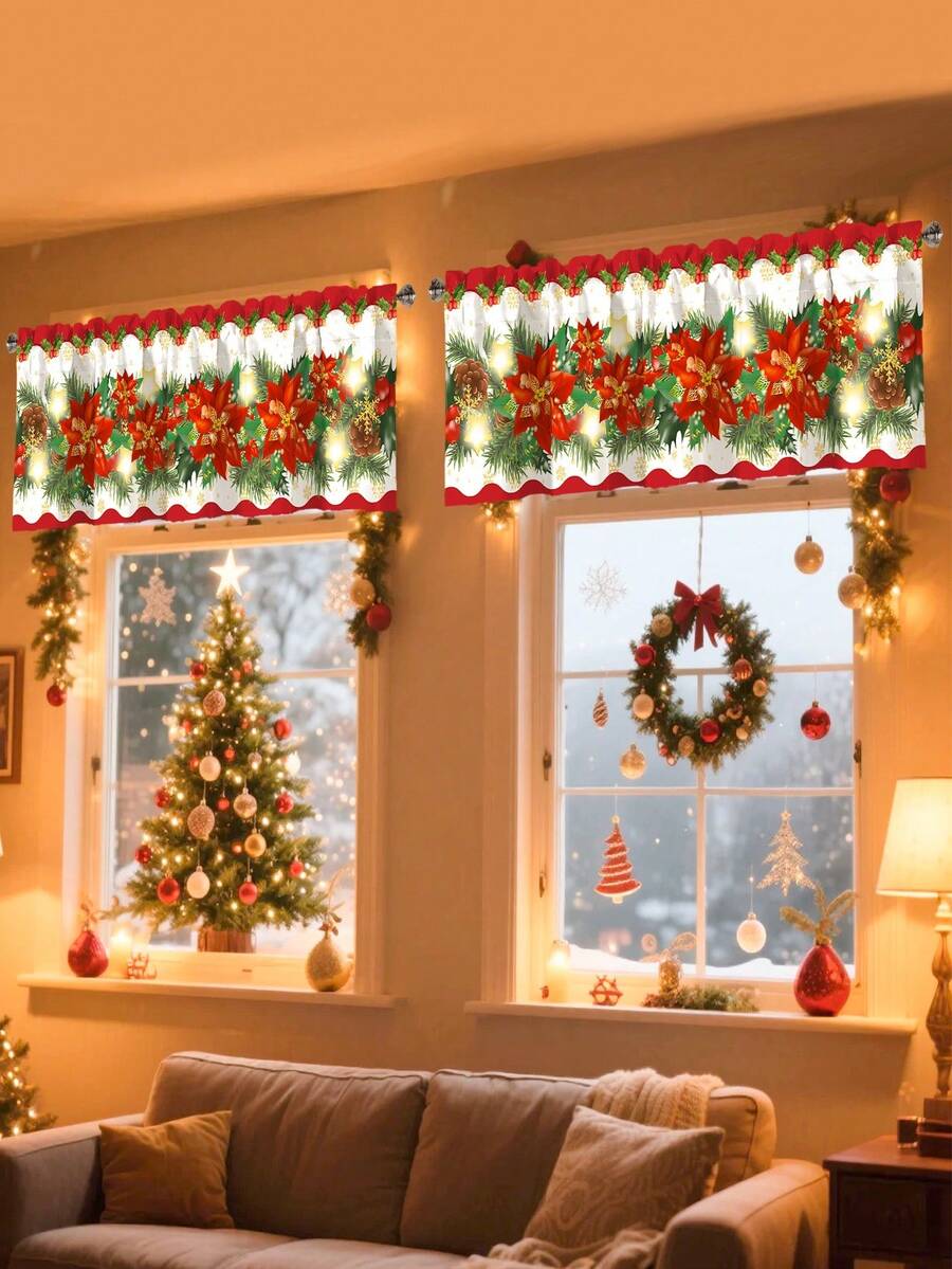 Santa Claus & Snowman Christmas Curtain Valance, 1–2 Piece Polyester Window Decor with Rod Pocket for Kitchen, Living Room or Bedroom