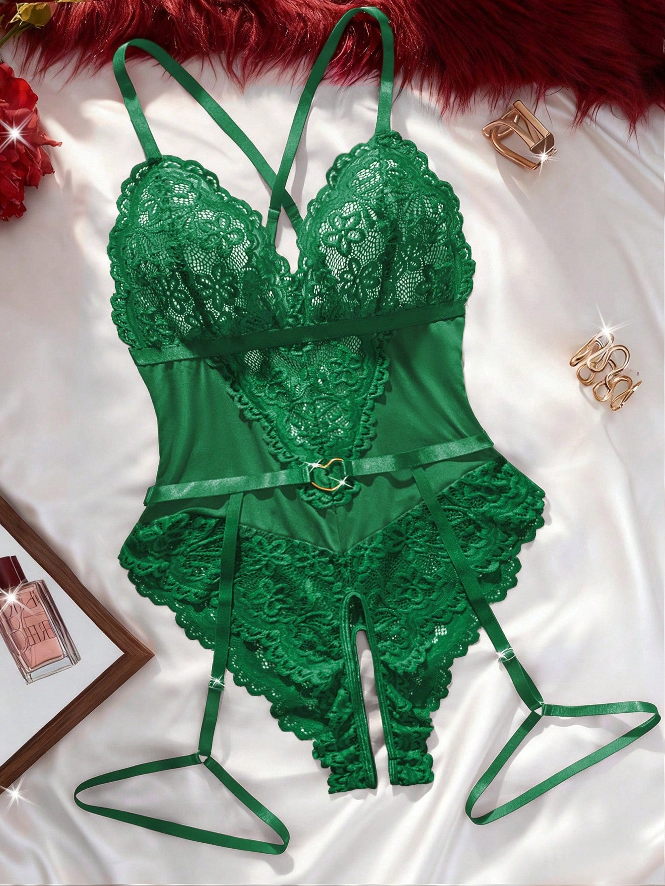 2pcs Women Lace Bodysuit Set With Sheer Fabric Design Including Wireless And Garter Belt Detail, Coordinated Two-Piece Construction, Lightweight And Flexible Fit, Suitable For General Wear And Styling