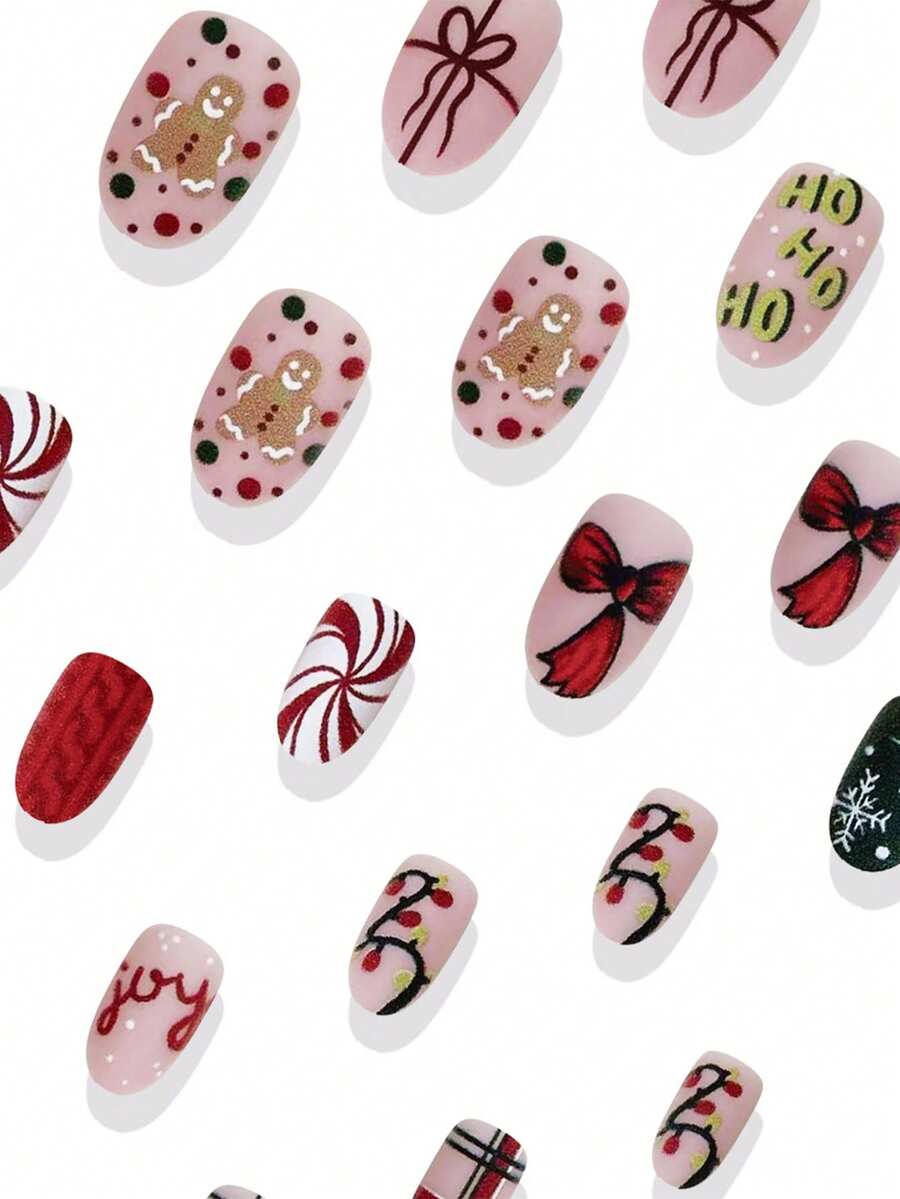 24pcs Almond Christmas Press On Nails, Red Santa Hat Short False Nails, Holiday Nail Set For Women, Office, Date, Party & Everyday Wear