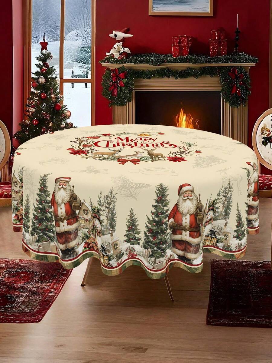 Festive Christmas Tablecloth with Snowman & Reindeer Wreath Design, Polyester Winter Table Cover for Dining Room & Kitchen Holiday Decor