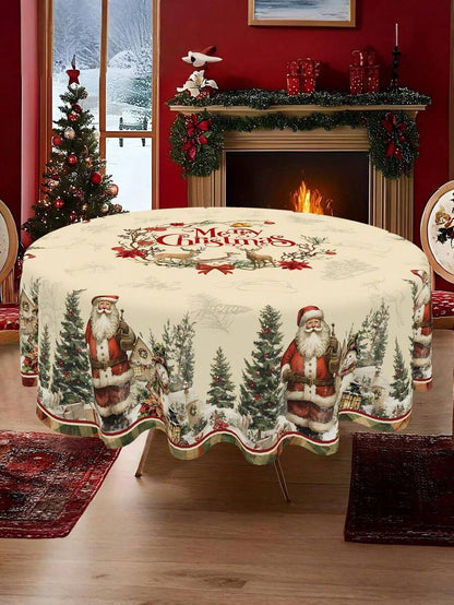 Festive Christmas Tablecloth with Snowman & Reindeer Wreath Design, Polyester Winter Table Cover for Dining Room & Kitchen Holiday Decor