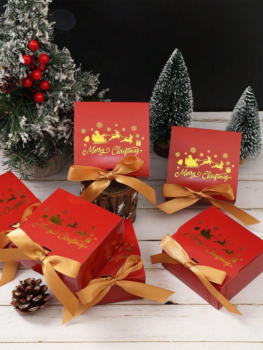6pcs Christmas Gift Boxes with Ribbons, Santa Snowman & Reindeer Designs for Holiday Treats, Seasonal Packaging & Winter Home Decor