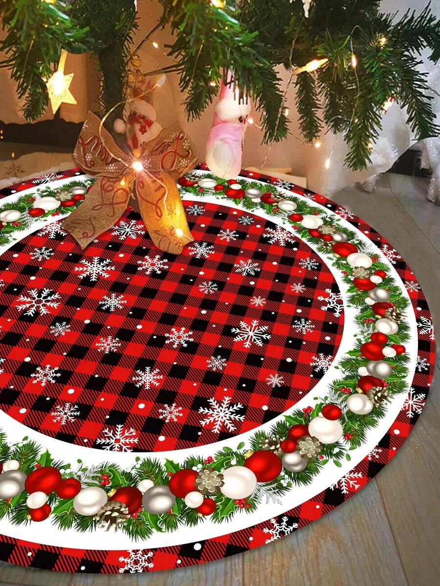 Red & Black Plaid Christmas Tree Skirt, Snowflake Pattern Round Tree Mat, Soft Decorative Base Cover for Living Room & Winter Holiday Home Decor