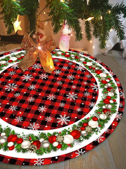Red & Black Plaid Christmas Tree Skirt, Snowflake Pattern Round Tree Mat, Soft Decorative Base Cover for Living Room & Winter Holiday Home Decor
