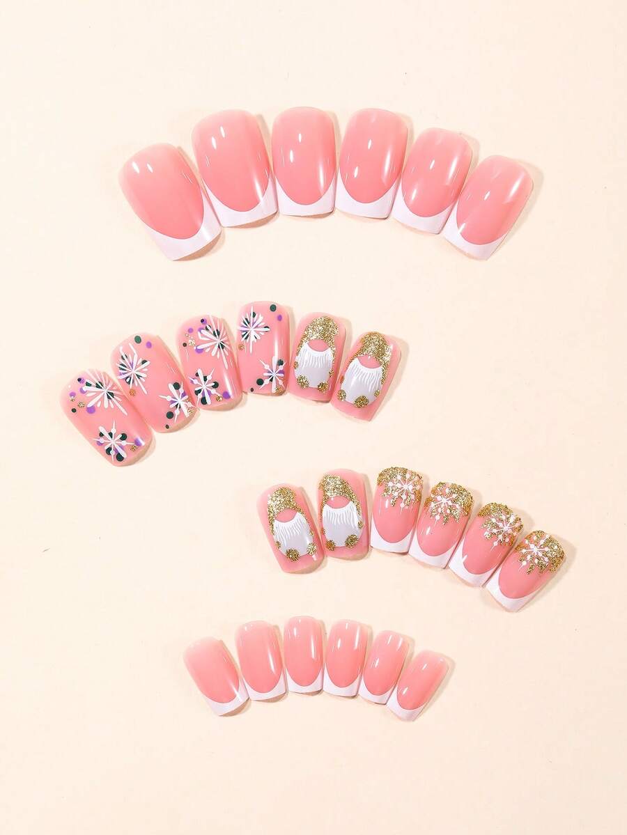 24pcs Short Square Champagne Glitter Christmas Press On Nails, Snowflake Full Cover Holiday False Nails For Women Nail Art Supplies