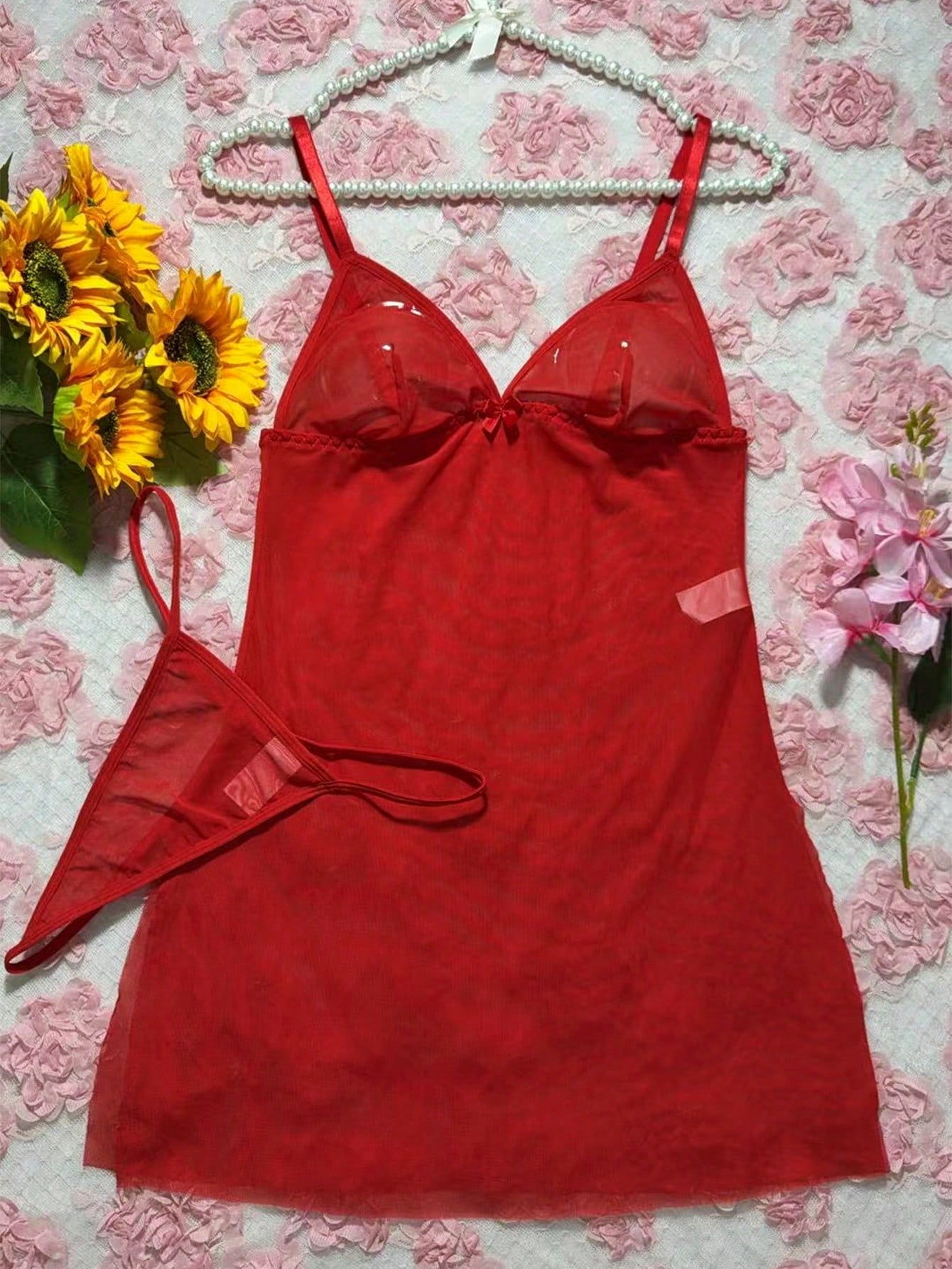 2pcs/Set Women's Wireless Sexy Mesh Lingerie, Including Camisole Dress For Going Out