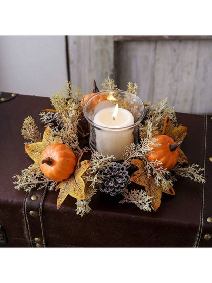 Christmas Candle Ring Holder with Red Flowers, Gold Berries & Greenery, Holiday Table Centerpiece