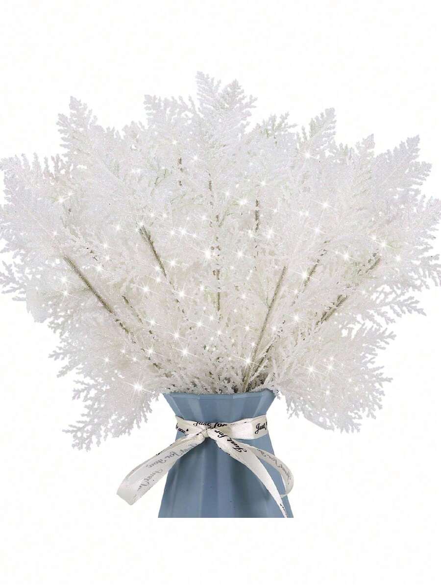 20pcs Glitter Cedar Pine Needles with Sequins, Artificial Blue and Pink Leaves for DIY Garlands, Wedding Bouquets, and Winter Holiday Home Decor