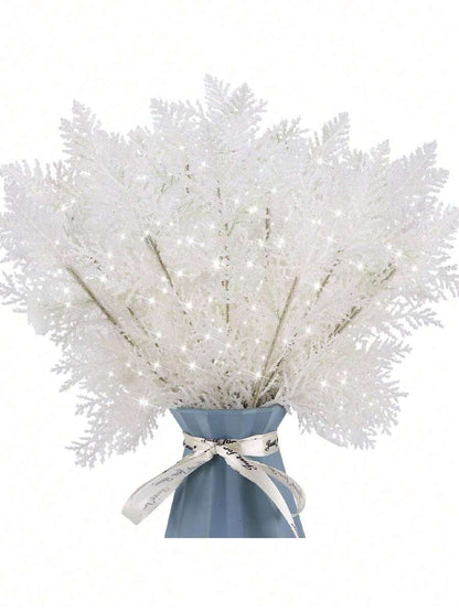 20pcs Glitter Cedar Pine Needles with Sequins, Artificial Blue and Pink Leaves for DIY Garlands, Wedding Bouquets, and Winter Holiday Home Decor