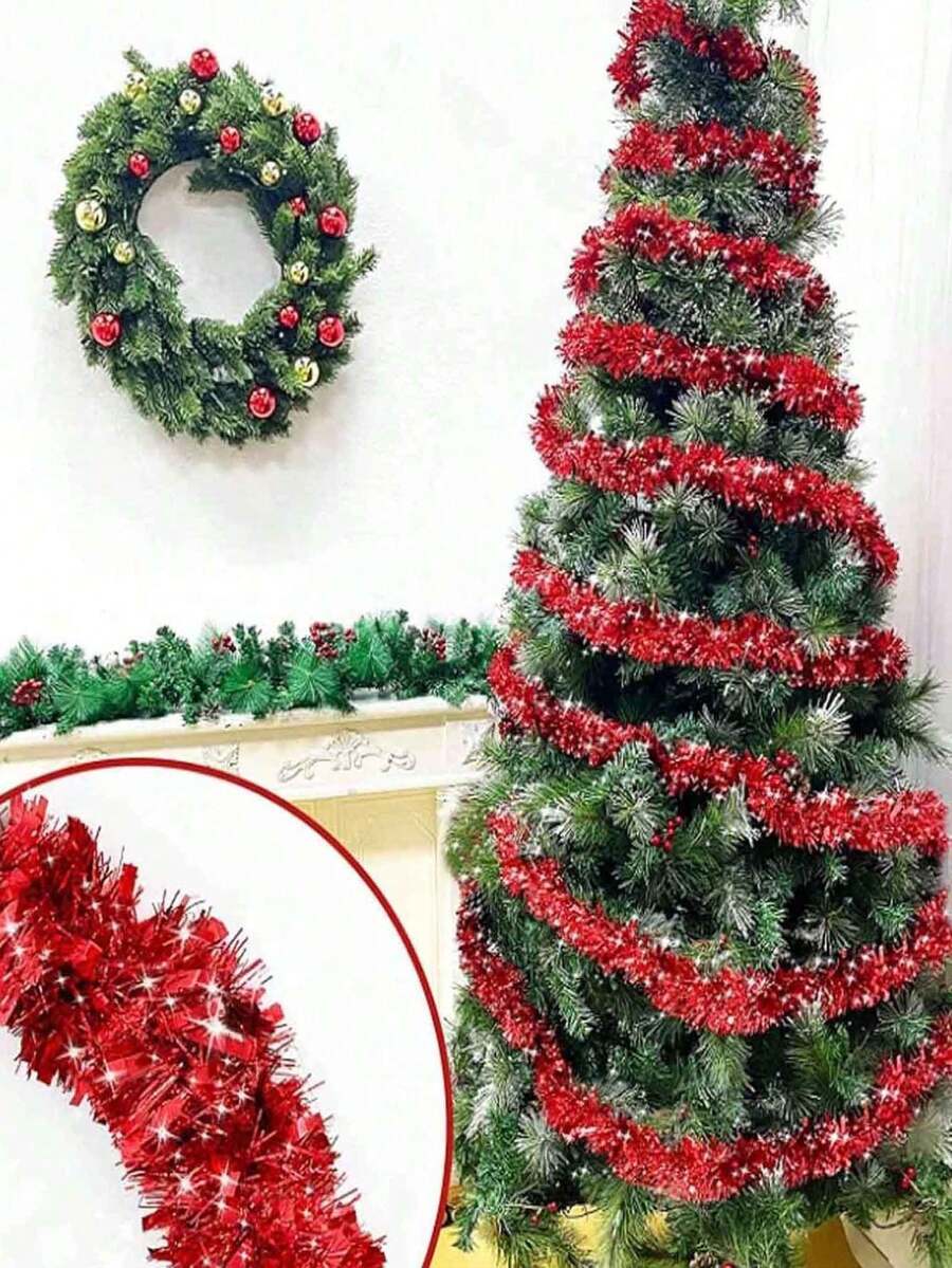 Metallic Tinsel Garland for Christmas, 1–2 Piece Shiny Glitter Streamer Decoration, Long Hanging Ornament for Trees, Parties, and Weddings