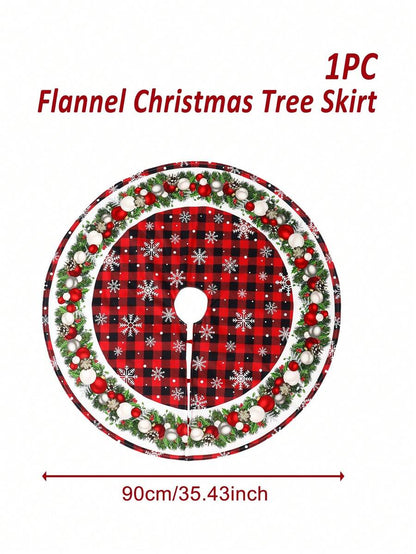 Red & Black Plaid Christmas Tree Skirt, Snowflake Pattern Round Tree Mat, Soft Decorative Base Cover for Living Room & Winter Holiday Home Decor