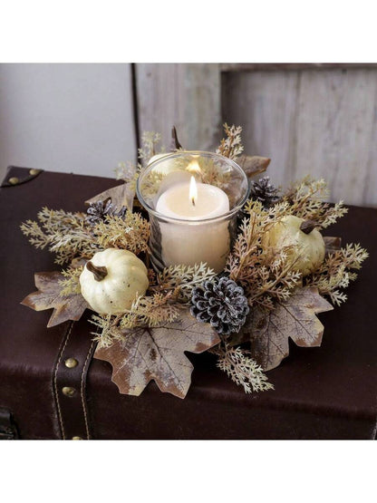 Christmas Candle Ring Holder with Red Flowers, Gold Berries & Greenery, Holiday Table Centerpiece