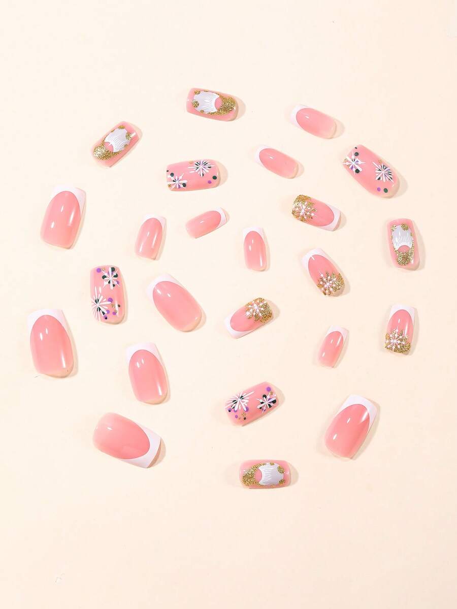 24pcs Short Square Champagne Glitter Christmas Press On Nails, Snowflake Full Cover Holiday False Nails For Women Nail Art Supplies