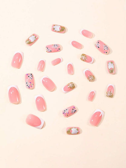 24pcs Short Square Champagne Glitter Christmas Press On Nails, Snowflake Full Cover Holiday False Nails For Women Nail Art Supplies