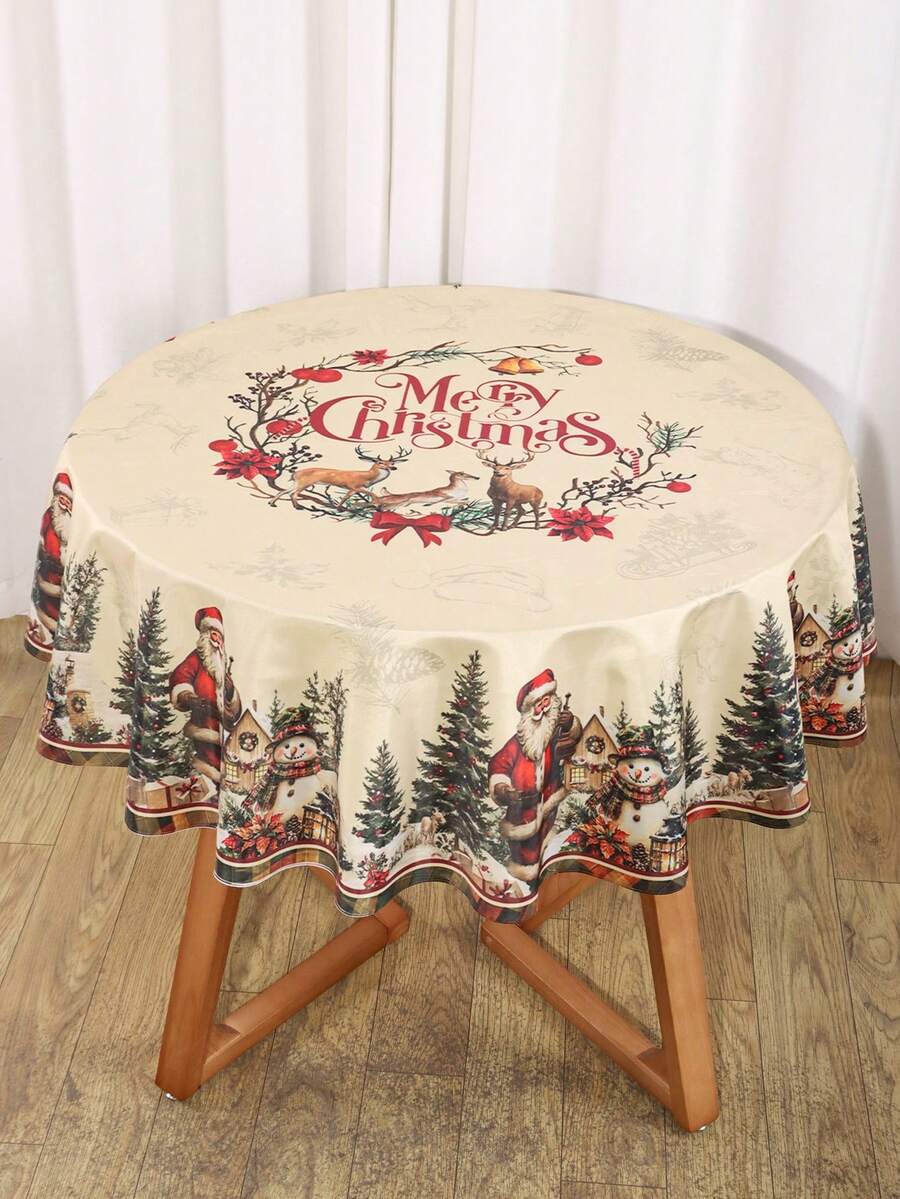 Festive Christmas Tablecloth with Snowman & Reindeer Wreath Design, Polyester Winter Table Cover for Dining Room & Kitchen Holiday Decor