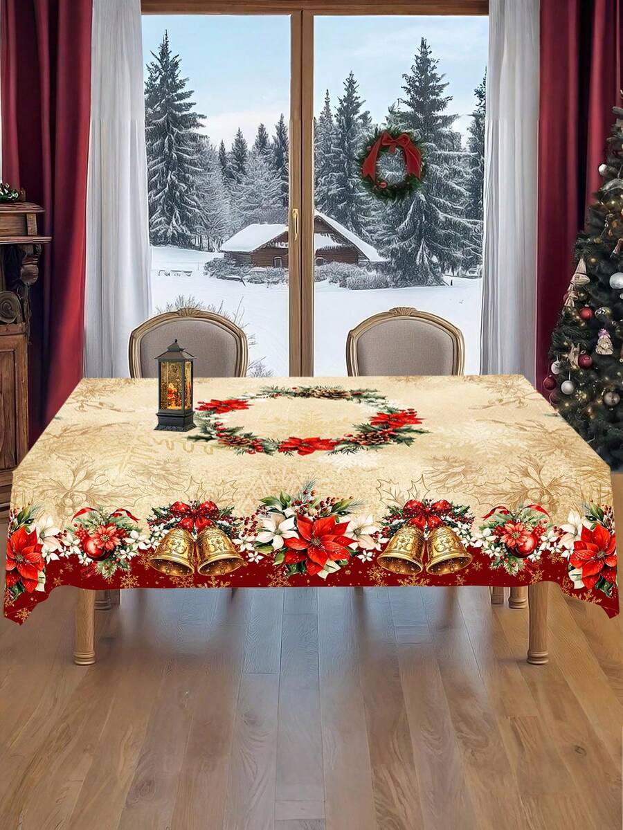 Festive Christmas Tablecloth with Snowman & Reindeer Wreath Design, Polyester Winter Table Cover for Dining Room & Kitchen Holiday Decor