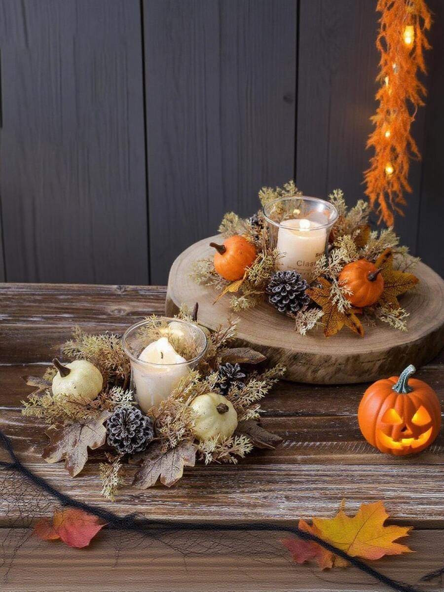 Christmas Candle Ring Holder with Red Flowers, Gold Berries & Greenery, Holiday Table Centerpiece
