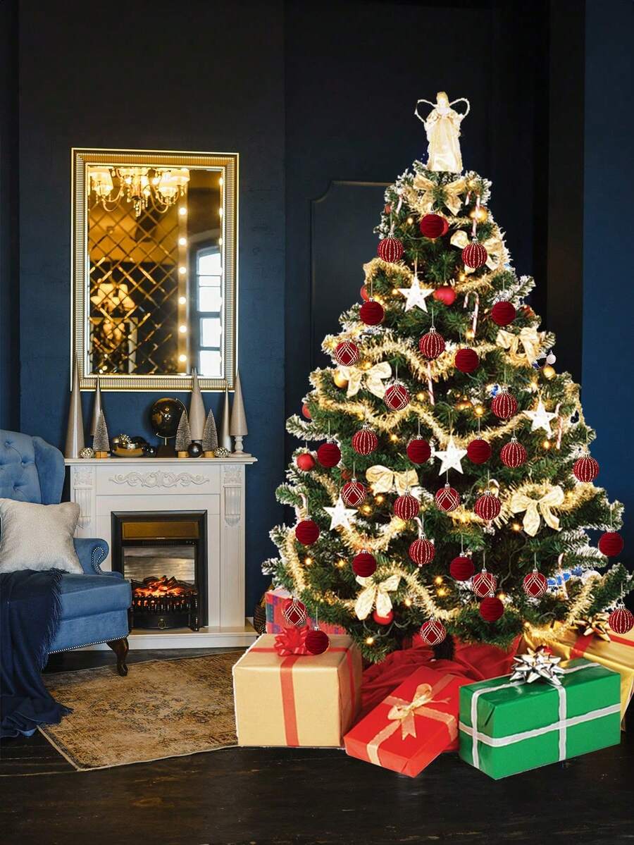 9pcs Green Velvet Christmas Tree Ball Ornaments, Flocked Painted Shatterproof Hanging Décor for Holiday Trees & Home Display