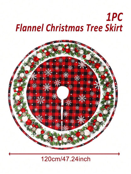 Red & Black Plaid Christmas Tree Skirt, Snowflake Pattern Round Tree Mat, Soft Decorative Base Cover for Living Room & Winter Holiday Home Decor