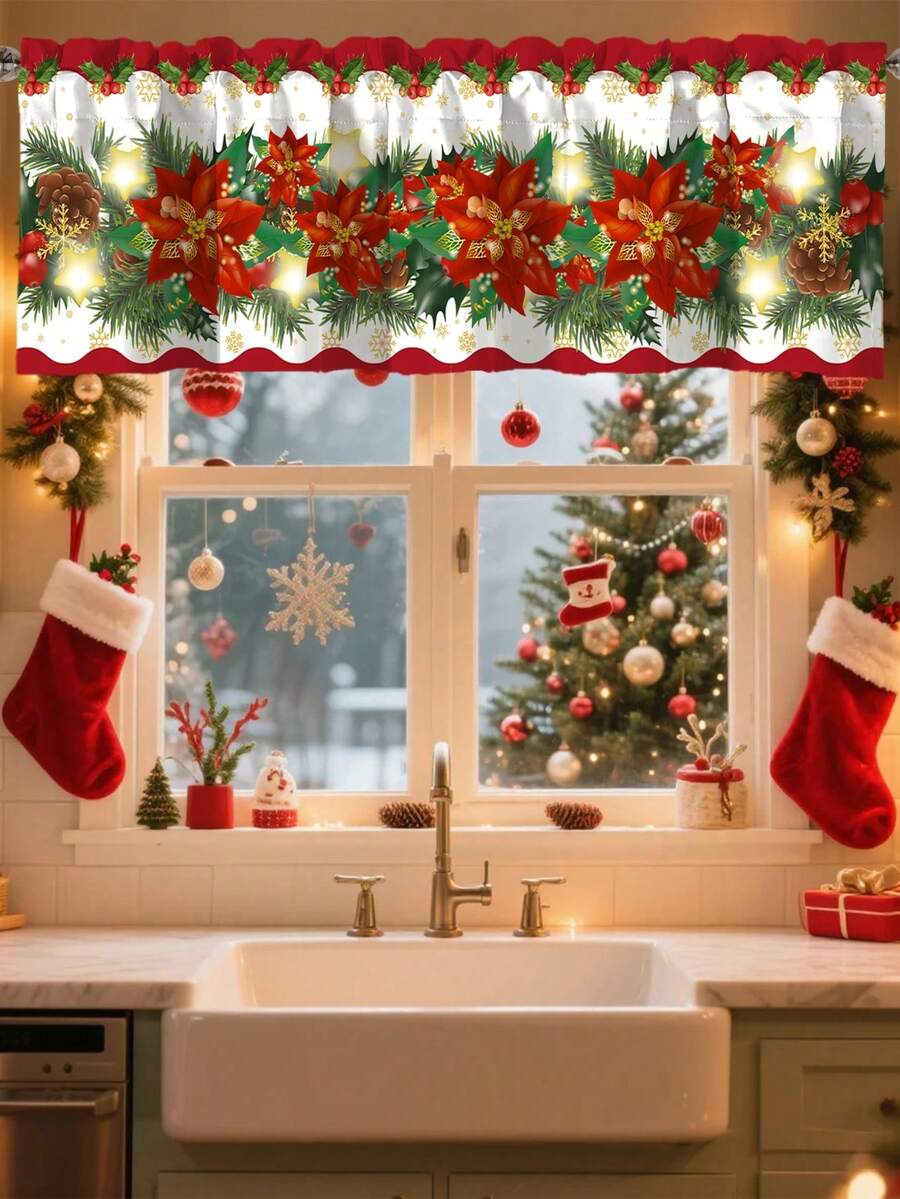 Santa Claus & Snowman Christmas Curtain Valance, 1–2 Piece Polyester Window Decor with Rod Pocket for Kitchen, Living Room or Bedroom