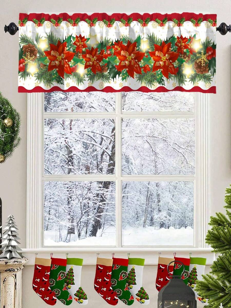 Santa Claus & Snowman Christmas Curtain Valance, 1–2 Piece Polyester Window Decor with Rod Pocket for Kitchen, Living Room or Bedroom