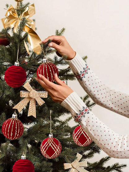 9pcs Green Velvet Christmas Tree Ball Ornaments, Flocked Painted Shatterproof Hanging Décor for Holiday Trees & Home Display