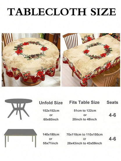 Festive Christmas Tablecloth with Snowman & Reindeer Wreath Design, Polyester Winter Table Cover for Dining Room & Kitchen Holiday Decor