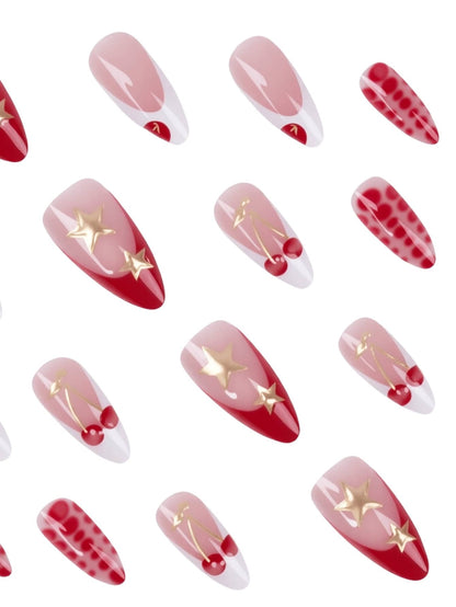 24pcs Long Stiletto French Press On Nails, White Red Cherry Pattern With 3D Bow And Pearl Decor, Romantic Bling Nail Set For Party Look